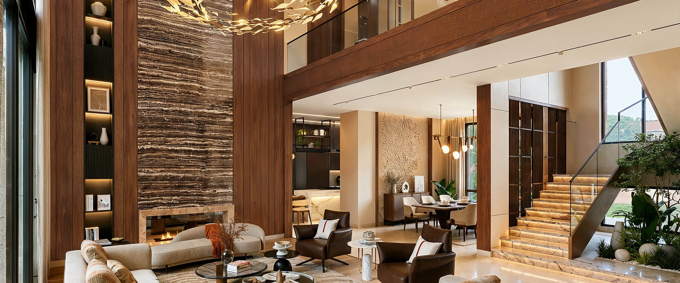 Double-height living room with a marble feature wall