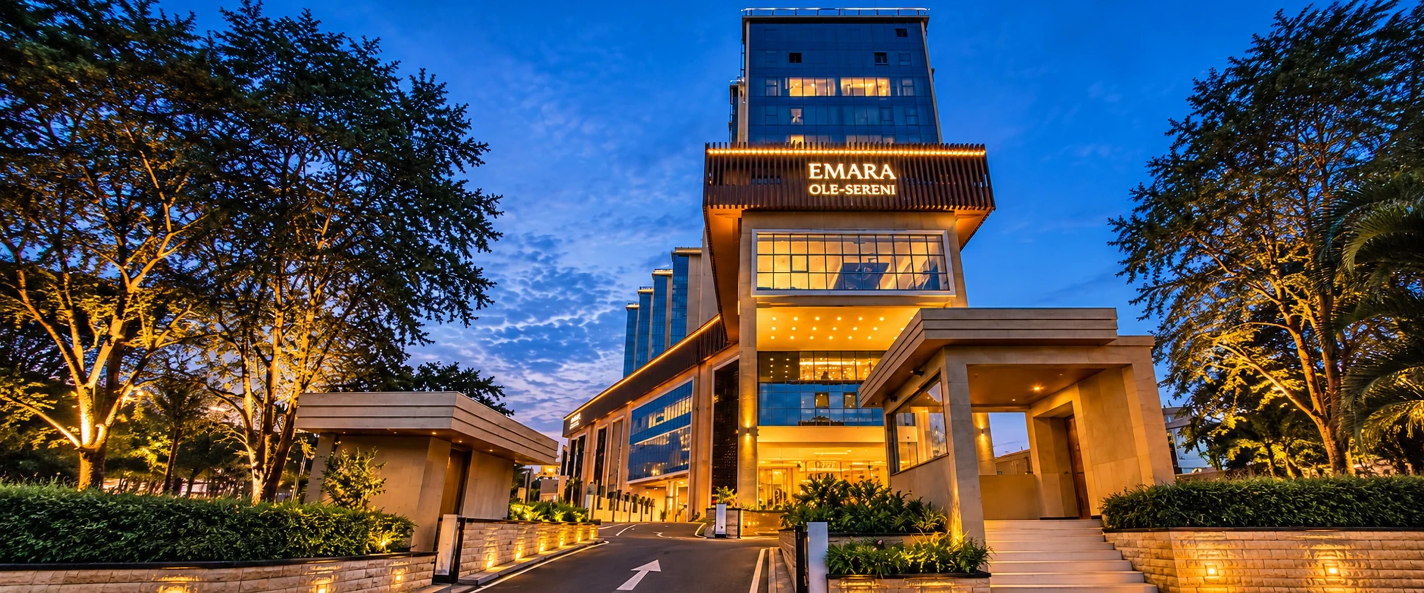 Emara Ole Sereni hotel entrance at dusk, Nairobi