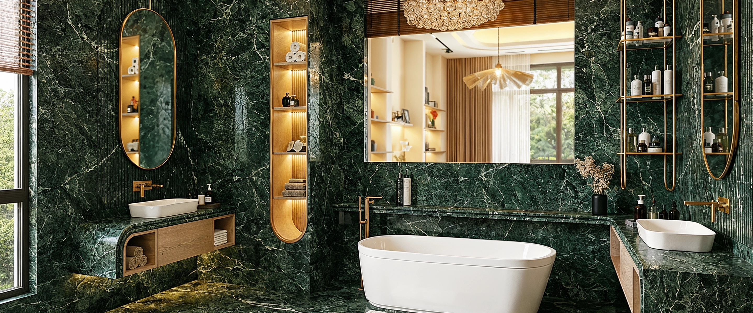 Green marble bathroom with a freestanding bath
