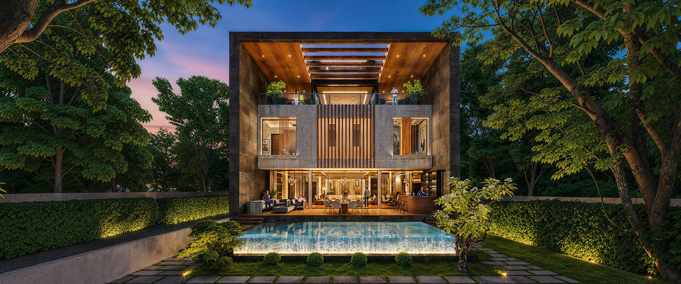 Private villa and pool at dusk
